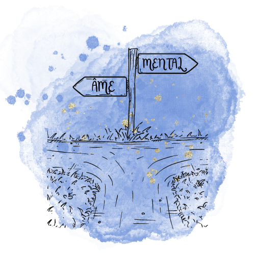 Intersection avec 2 panneaux qui vont dans 2 directions opposées : l'âme et le mental